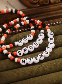 6 件手工万圣节主题字母串珠手链套装，适合女士，恐怖派对装饰，万圣节手链、串珠手链、字母手链、可叠戴手链、恐怖珠宝 - 彩色 - 查看 5