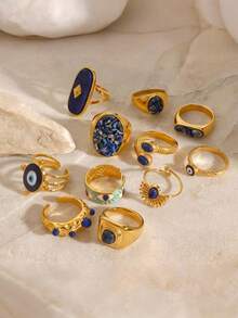 1 件复古个性化天然原创青金石镶嵌金属戒指,可调节开口带,恶魔之眼太阳不对称几何设计不锈钢滴油金戒指,手工珠宝,优雅的节日风格,独特的礼物,适合日常佩戴、节日、旅行、沙滩装,是送给女性、她、妻子或朋友的完美礼物,圣诞节、情人节、母亲节、新年珠宝 | 优雅配饰 - 金色 - 查看 6