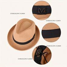 1 件男女通用纯色 M 字母绅士帽，厚实温暖纯羊毛毡复古卷边休闲软呢帽，适合日常外出和购物 - 彩色 - 查看 3