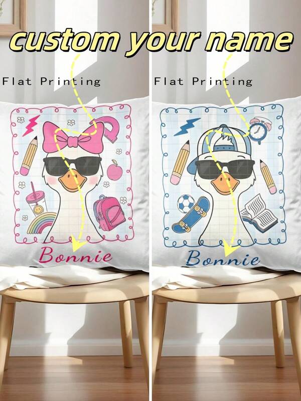 1 pieza Funda de almohada con nombre personalizado impreso, diseño de pato, mochila, lápiz, sin relleno de almohada, adecuado para decoración del hogar y oficina, 40*40cm, 45*45cm, 50*50cm
