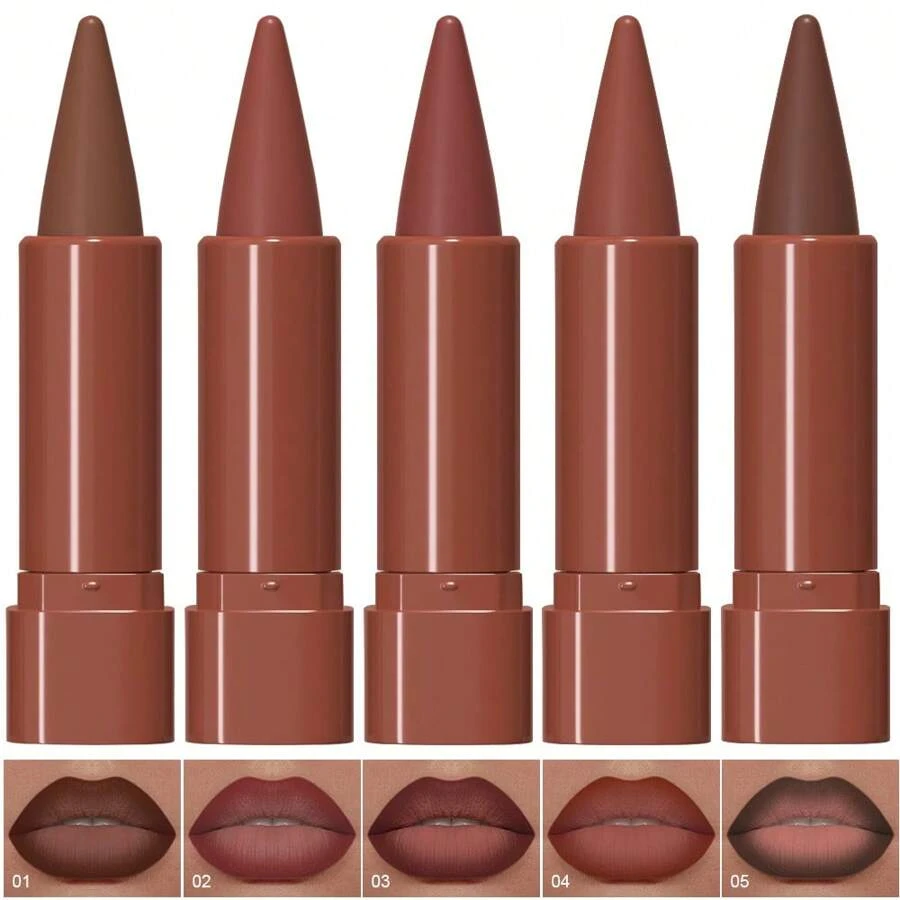 DUNUF 5pcs Matte Lip Liner And Lipstick Set - Crayon Form, Cone Tip, Easy Contour, Universal Skin Types, Dual-Use, Brown And Mixed Ton - 彩色 - 查看 1