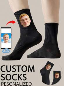 1 Pair Customized Boat Socks, Personalized Face Socks, Couples Socks, Customized Photo Socks, Customized Printed Socks, Personalized Funny Face Socks, Customized Image Socks, Can Print Any Face On Socks, Anniversary Gift, Valentine's Day Gift, Birthday Gift, Wedding Gift, Mother's Day Gift, Father's Day Gift, Gift For Best Friend, Gift For Parents, Gift For Boyfriend/Girlfriend, Autumn Socks - Black - View 2