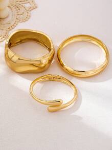 3pcs/Set Minimalist Geometric Asymmetrical Teardrop Shaped Metal Bangle Bracelet Set, Thick Solid Gold-Tone Alloy Material, Suitable For Women