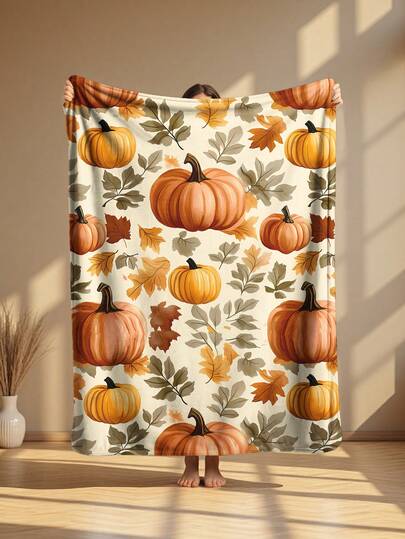 1pc 4-Season Flannel Blanket, Bedding, Pumpkin Pattern Thick Soft Cozy Throw Blanket For Sofa, Office Nap, Room Decor, Travel Camping, Suitable For Living Room, Bedroom, Back To School, Holiday Gift, Halloween Decor,Fall Decor,Autumn Decor,Room Decor