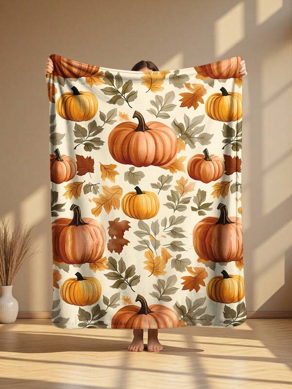 1pc 4-Season Flannel Blanket, Bedding, Pumpkin Pattern Thick Soft Cozy Throw Blanket For Sofa, Office Nap, Room Decor, Travel Camping, Suitable For Living Room, Bedroom, Back To School, Holiday Gift, Halloween Decor,Fall Decor,Autumn Decor,Room Decor