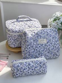 1 pieza Bolsa acolchada de gran capacidad con estampado floral azul de uso múltiple, bolsa de maquillaje de moda y casual con cremallera portátil, esencial para viajes, almacenamiento de papelería, vacaciones, cosméticos, productos de belleza, decoración del hogar, para mamá, mujeres, enfermeras, estudiantes, niñas escolares, llaves, regalos festivos