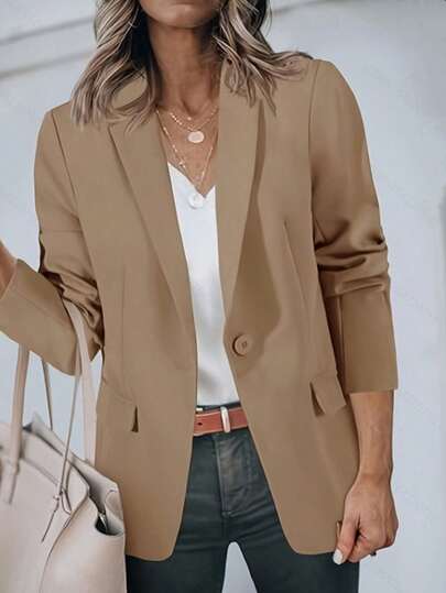 Khaki Cropped Sleeve Blazer, Vintage Elegant Casual Slim-Fit Plus-Size Women's Office Blazer