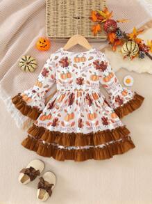 Thanksgiving Girls Autumn/Winter New Long Sleeve Round Neck Letter Cute Turkey Random Full Print Trumpet Sleeve Hemp Double Layer Lace Lady Dress