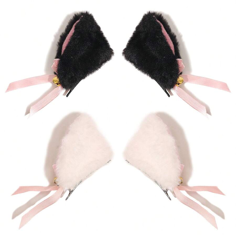 2pcs/Set Bell Cat Ear Faux Fur Cat Ear Hair Clips With Bells, Cat Ear Hair Accessories, Claw Clips, Hair Claws, Clips For Hair, Hair Slide, Hair Barrettes - Multicolor - View 1