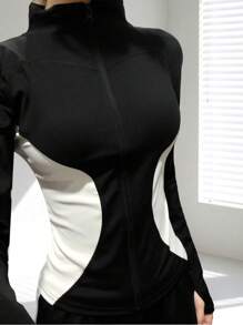 1pc Women's Fashion Sexy Lightweight Shaping Solid Color Yoga Jacket Low Impact Stand-Up Collar Thumb Holes Vacation Summer Wear Open-Front Jacket Sportswear Quick-Dry Clothing Women's Zipper Long Sleeve Comfortable Soft Autumn Outdoor Close-Fitting Sports Top Suitable For Daily Yoga Fitness Running Cycling Training Gym Tennis