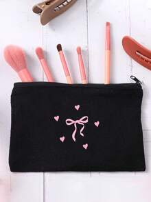 1pc Black & Beige Large Capacity Portable Makeup Bag, Bow, Bear, Cherry Blossom Print, Minimalist & Fashionable, Suitable For Daily Carry, Graduation, Wedding, Back To School, Birthday Gifts