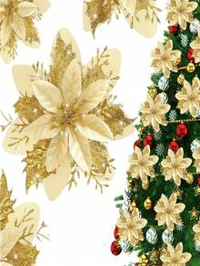 10pcs Shiny Flower Petals Decor, Artificial Poinsettia Flower Wreath, Christmas Tree Decoration, Suitable For Christmas, New Year, Wedding, Party - Multicolor - View 16