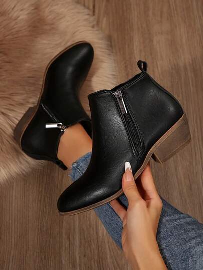 Women's Black Chunky Heel Ankle Boots, Casual Side Zipper Round Toe Booties, Comfortable Ankle Boots, Double Zipper Fashion Boots, Skinny Boots, Women's Fashion Ankle Boots, Thick Heel & Sole, Casual Design, Women's Chunky Ankle Chelsea Boots Elastic Boots Thick Heel Casual Boots, Women's Shoes, New Fashion Versatile Chunky Heel Sexy Women Ankle Boots