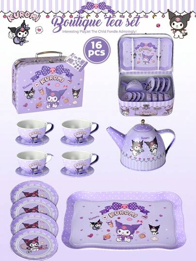  Juego de té de fiesta de Kuromi de Sanrio, Juego de té para niños de 16 piezas con tetera, taza, caja de regalo, juego de té de juego de roles para preescolar, cocina de juguete, juego de té de hojalata con teteras y tazas de té de metal, juguetes y regalos de princesa para la hora del té de la tarde.