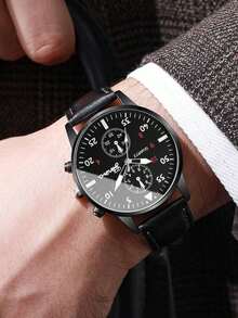 3pcs Set Men's Black Stainless Steel Watch Band Minimalist Business Quartz Watch + Bracelet, Daily Wear Decoration - Black - View 5