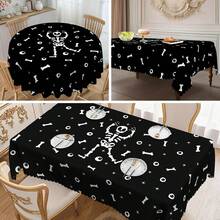 1pc Halloween Tablecloth - Black & White Ghost Hand, Cat, Moon, Skull Pattern - Wrinkle-Resistant Polyester Rectangular/Round Tablecloth, Suitable For Indoor/Outdoor Theme Parties, Holiday Dinners, Home Decor, Machine Washable, Easy Care, Perfect For Holiday Atmosphere Lovers