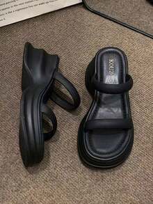 女凉鞋2025新款韩版时尚厚底松糕交叉绑带罗马沙滩凉鞋纯色百搭 - 黑色 - 查看 3