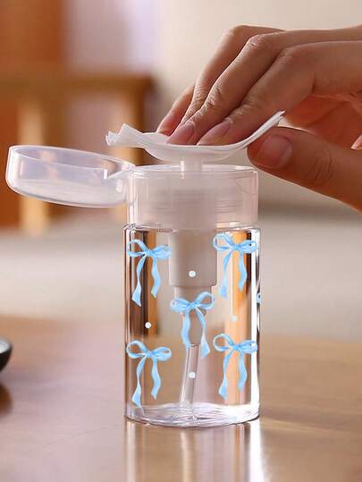 Blue Bow Design Refillable Transparent PET Travel Bottle, Makeup Remover Dispenser Bottle With 3.38oz/6.76oz Portable Pump, Suitable For Nail Polish Remover, Toner And Makeup Remover, Rounded Top, Hand Wash Only, Reusable, Makeup Remover Bottle, Travel Essential