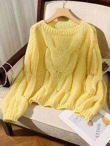 Women's Hollow Round Neck Sleeve Loose Sweater, Knit Pullover Fall Winter,Long Sleeve Tops, Asymmetrical Neck Sweater - Yellow - View 9