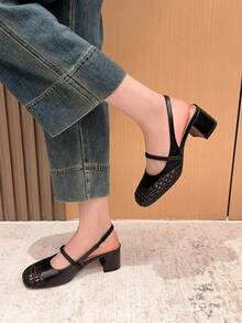 Xin Jing Shoes 秋冬女士编织圆头粗跟穆勒鞋，休闲及办公场合皆宜，优雅玛丽珍鞋款，派对必备 - 黑色 - 查看 5