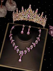 1 Set Bridal Accessories - Red Rhinestone Decor Crown, Necklace, Earrings (4pcs), Wedding Jewelry Set, Suitable For Wedding Dress, Gown, Gold Gala, Wedding Party - Pink - View 3
