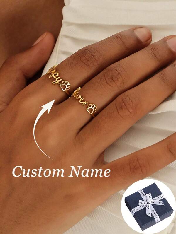 Custom Name Ring With Paw By Silvery Gold Color,Custom Paw Ring,Minimal Pet Name Jewelry,Gift For Her,Pet Lover Gift,Cute Cat Claw Name Ring, Stainless Steel Jewelry, Women, Men, Couple Gifts, All Seasons, Suitable For Weddings, Parties, Back To School, Holidays, Anniversary, Birthday Gifts, Simple, Elegant And Personalized Gift Accessories, Referring To Accessories, Referring To Accessories, Gift Box Packaging