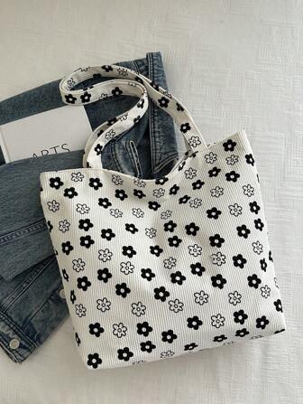 梅花和草莓印花可爱女士手提包，帆布灯芯绒面料大容量手提包，适合妈妈、学生、办公室女士、旅行