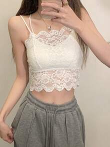 女士可爱性感蕾丝吊带背心，带可拆卸胸垫，纯色打底衫，适合夏季、开学季、冬季、圣诞节、春季节日叠穿