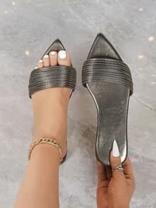 1双法式平底穆勒鞋，黑色尖头性感百搭绑带凉鞋，优雅性感，PU皮革材质，适合海滩、办公室、居家、户外等场合（建议选购小一码） - 灰色 - 查看 1