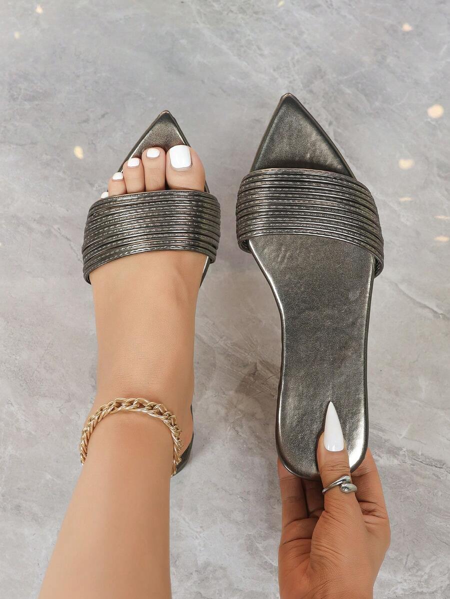 1双法式平底穆勒鞋，黑色尖头性感百搭绑带凉鞋，优雅性感，PU皮革材质，适合海滩、办公室、居家、户外等场合（建议选购小一码） - 灰色 - 查看 1