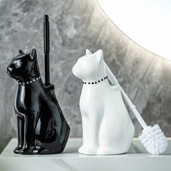 2 pièces le set comprend 1 brosse de toilette à long manche et 1 base en céramique en forme de chat mignon. Brosse de nettoyage professionnelle pour toilettes et sols, parfaite pour la décoration de la salle de bain, brosse de toilette