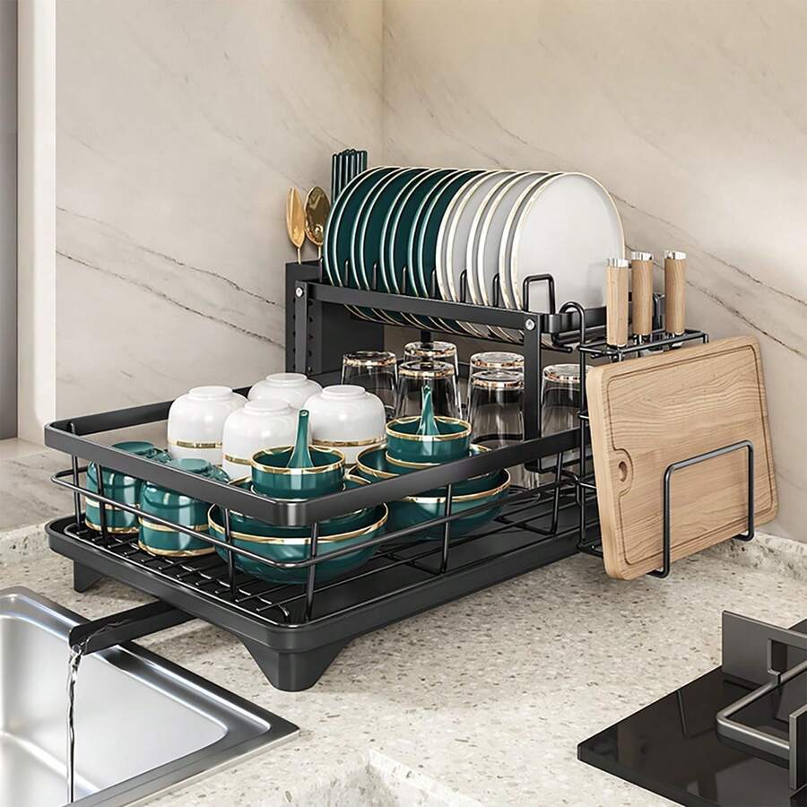 Dish Drying Rack, Two-Tier Removable Dish Rack, Suitable For Kitchen Countertops, Large-Capacity Dish Drainer, Kitchen Storage Rack With Knife And Cutting Board Holders, Efficiently Saves Space For Storing Plates, Bowls, Pots, And Utensils, Efficiently Stores Plates, Dish Drainer Rack. - 黑色 - 查看 1