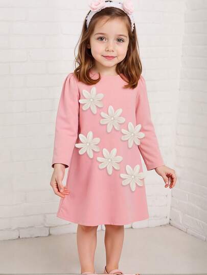 فستان خريفي للبنات، مزين بزهور ثلاثية الأبعاد، فستان حفلة بلون وردي الكرز