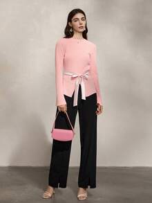 Damen elegantes T-Shirt mit rundem Ausschnitt, gerippter Optik, Schleifenvorderseite und asymmetrischem Saum, Weite Ärmel, Herbst