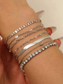 7 件套欧美新款简约多层编织链金属刀片链手链套装波西米亚时尚多层手链套装女士日常派对时尚首饰