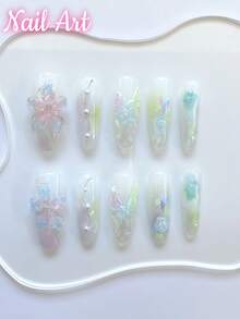 10 片手工按压指甲、假指甲、夏季指甲、美容美甲、长椭圆形按压指甲、适合女士和女孩日常或假日佩戴、高端优质美甲用品 - 彩色 - 查看 2