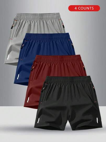4pcs/Set Boys' Solid Color Elastic Waist Casual Sports Shorts For Summer, Fit Teenage