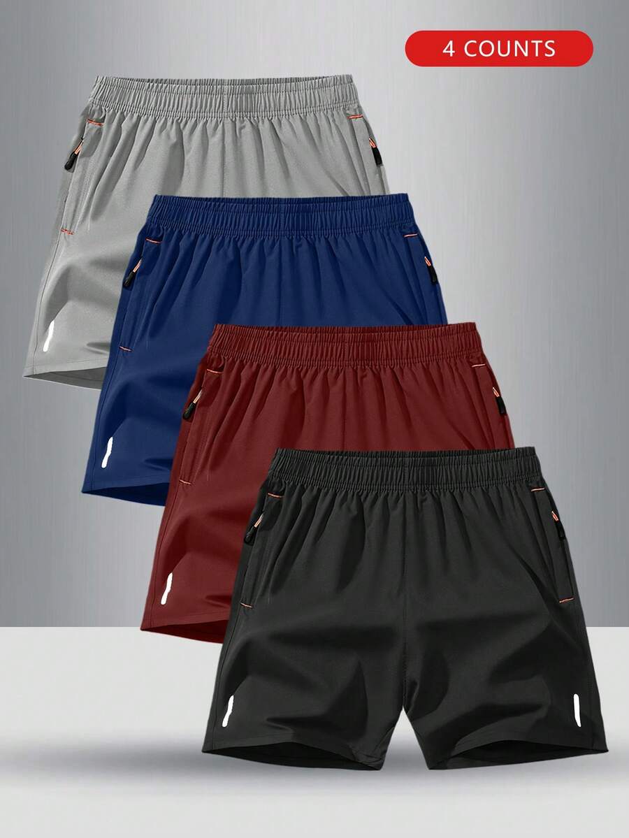 Conjunto de 4 pantalones cortos deportivos casuales de cintura elástica de unicolor para niños, apropiado para adolescentes - Negro - Ver 1