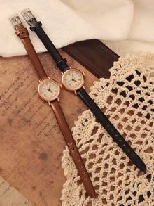 1pc/Set Vintage Casual Elegant Women's Leather Watch, Fashionable Refined Round Dial, Suitable For Daily Wear And Other Occasions To Decorate The Wrist, Perfect Gift For Holidays And Birthdays - Multicolor - View 1