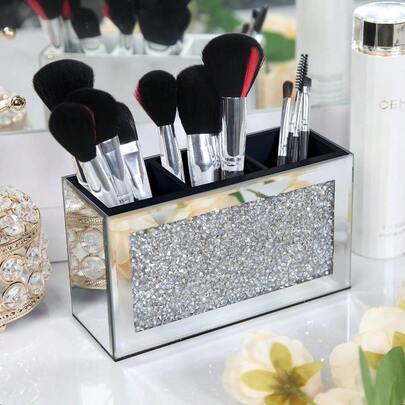 Mirrored Makeup Brush Holder Organizer 3 Slot  Cosmetics Brushes Storage Holders With Crystal Crushed Diamond Cute Pen And Pencil Holder For Desk Eyeliners Display Case For Vanity
