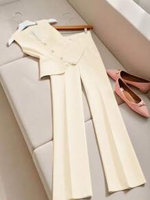 2件/1套女士纯色单排扣背心和西裤优雅商务套装