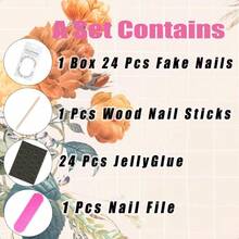 24Pcs Flower Press On Nails Medium Almond Fake Nails 3D Floral With Gold Pearl Rhiness Itter Ossy Design Orange Full Cover Stick On Nails Spring Summer False Nails For Women Acrylic Nails-0345 - 橘色 - 查看 6