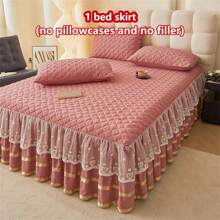 1pc Quilted Bed Skirt With Heart Design (1pc Bed Skirt, No Pillowcase), Decorated With Heart & Bow Lace Trim, Fashionable & Elegant, Moisture-Wicking, Wrinkle-Resistant, Easy To Remove Mattress Protector - Love Bean Paste - View 6