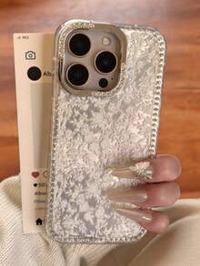 Full Screen White Flower Floral Glitter Glacier Pattern Phone Case Compatible With IPhone 16 15 14 13 Pro Max Creative Rhinestone Border Shockproof Anti Drop Protective Cover - White Florals - View 2