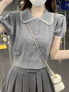 Peter Pan Collar Puff Sleeve Knit Sweater For Women, Sweet & Versatile Top, Summer 2025 New Arrival - Grey - View 2