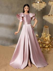 Alisa&Leo 少女缎面晚礼服，肩部饰有珍珠蝴蝶结，适合毕业舞会、婚礼宾客、正式晚宴和盛大晚宴等正式场合。 - 香檳色 - 查看 8