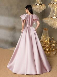 Alisa&Leo 少女缎面晚礼服，肩部饰有珍珠蝴蝶结，适合毕业舞会、婚礼宾客、正式晚宴和盛大晚宴等正式场合。 - 香檳色 - 查看 2