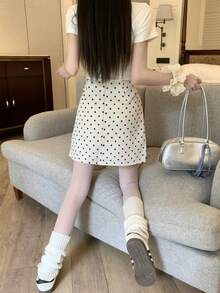 Falda medio cuerpo lunares vestidos cortos Moda verano casual versátil paquete cadera A-line falda corta - Albaricoque - Ver 2