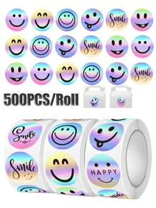 500pcs/Roll Holographic Rainbow Smiling Face Stickers, Round Label Stickers For Books, Stationery, Gifts, Cookies, Cakes, Waterproof Stickers For Cards, Envelopes, Wedding Supplies