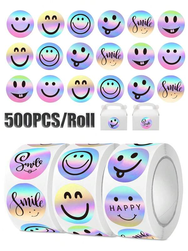 500pcs/Roll Holographic Rainbow Smiling Face Stickers, Round Label Stickers For Books, Stationery, Gifts, Cookies, Cakes, Waterproof Stickers For Cards, Envelopes, Wedding Supplies
